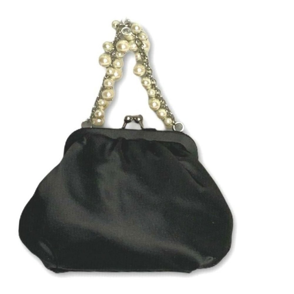 ❤️CAROLEE Pearl Chain Strap Black Satin Evening Kisslock Wallet Purse